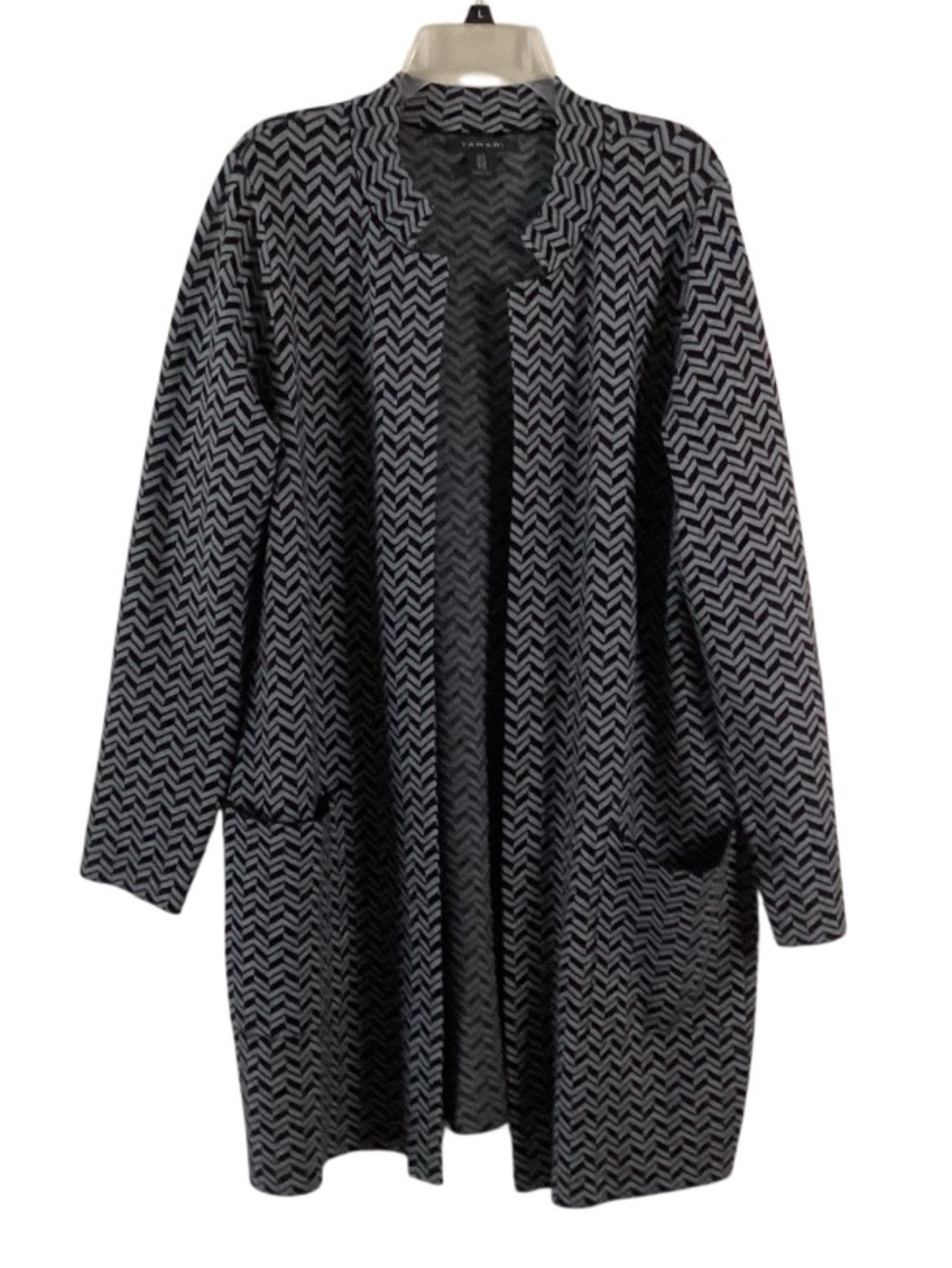 Tahari Black & Gray Chevron Zig Zag Open-Front Long Sweater Cardigan 1X